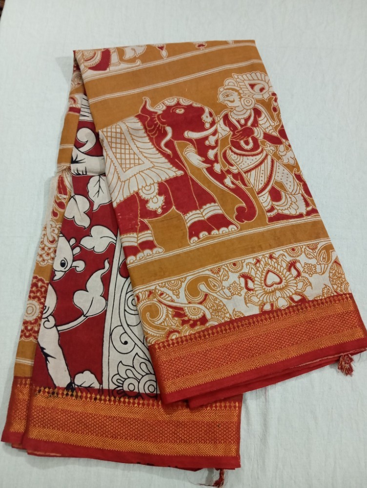 Product : KALAMKARI CHENNUR SILK NIZAM BORDER SAREES WITH BLOUSE -- KCSNBS0013