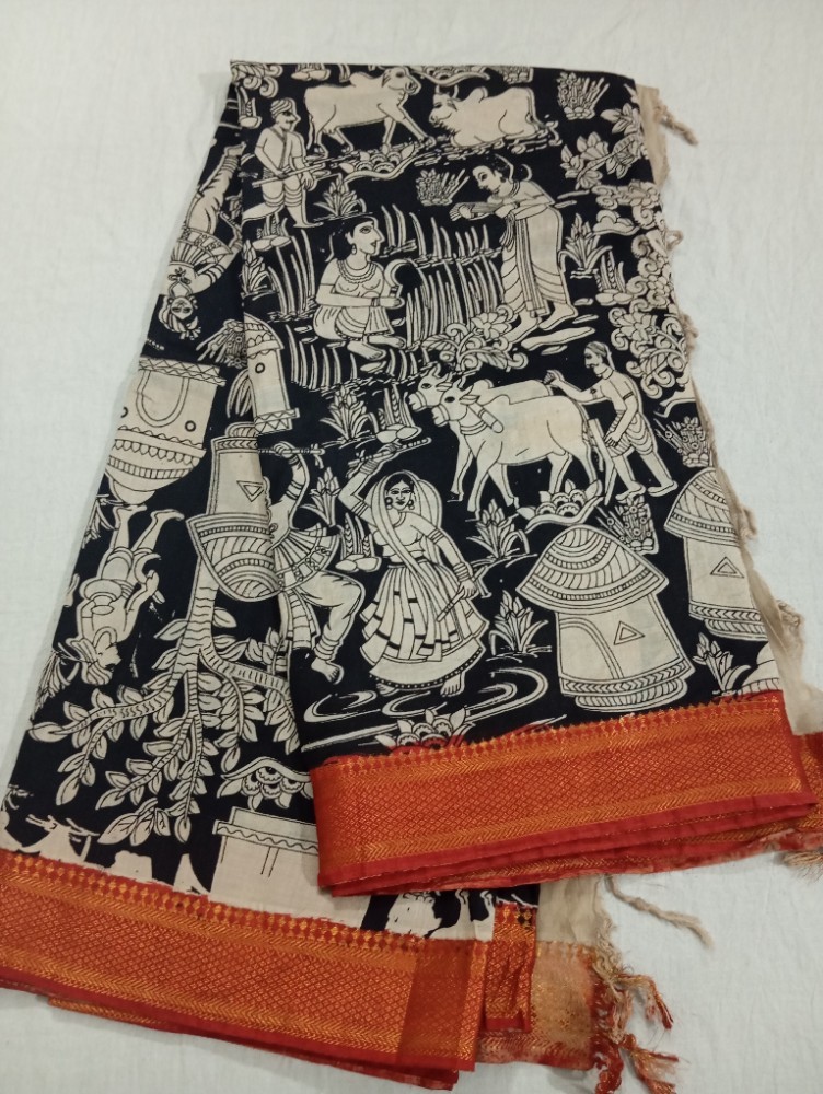 Product : KALAMKARI CHENNUR SILK NIZAM BORDER SAREES WITH BLOUSE -- KCSNBS0012
