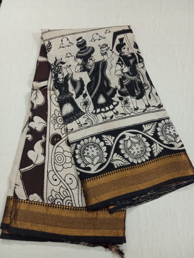 Product : KALAMKARI CHENNUR SILK NIZAM BORDER SAREES WITH BLOUSE -- KCSNBS0016
