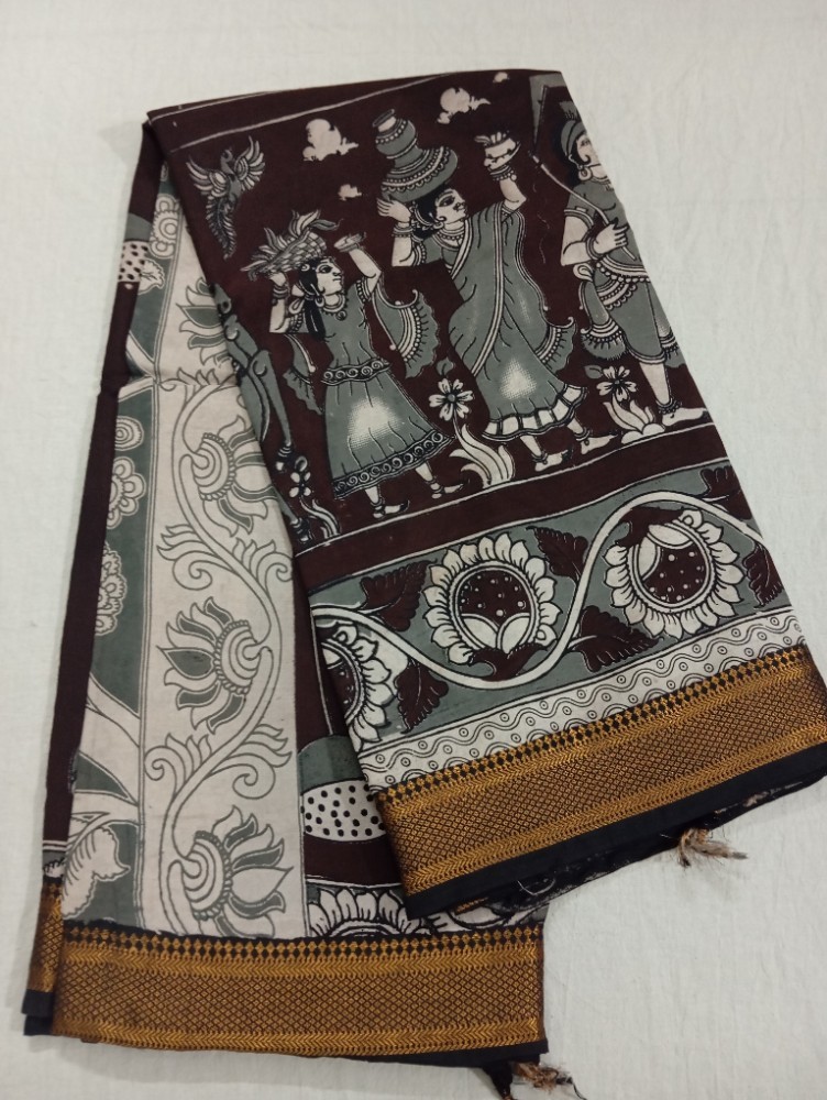 Product : KALAMKARI CHENNUR SILK NIZAM BORDER SAREES WITH BLOUSE -- KCSNBS0017