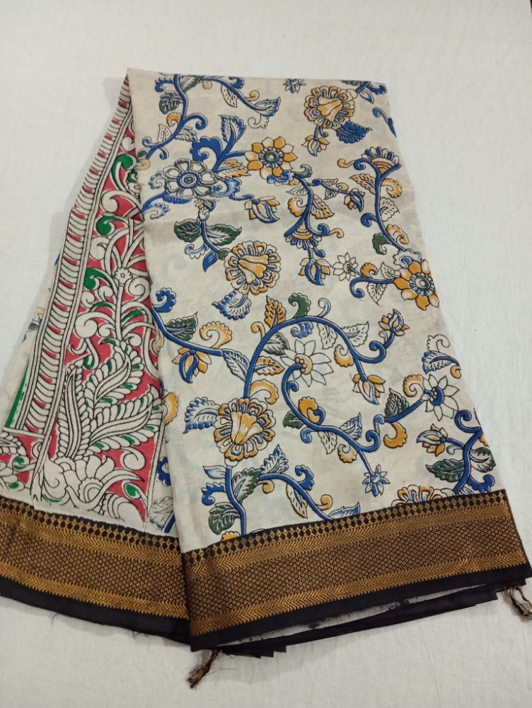 Product : KALAMKARI CHENNUR SILK NIZAM BORDER SAREES WITH BLOUSE -- KCSNBS0023