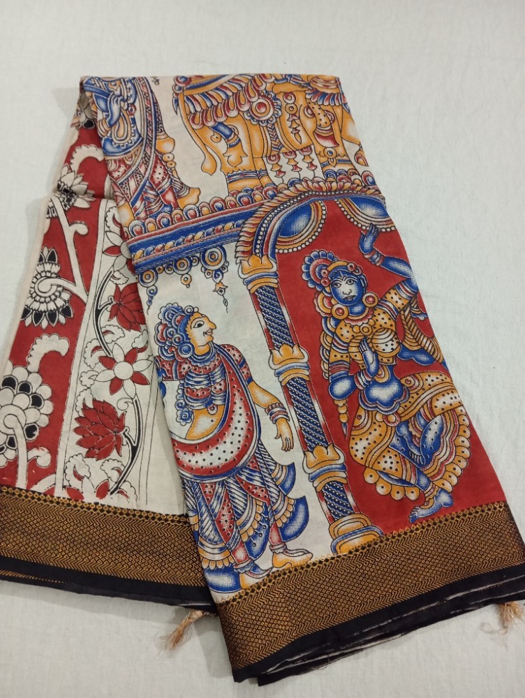 Product : KALAMKARI CHENNUR SILK NIZAM BORDER SAREES WITH BLOUSE -- KCSNBS0022