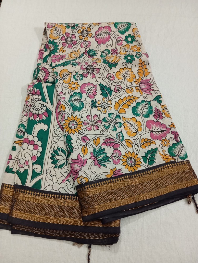 Product : KALAMKARI CHENNUR SILK NIZAM BORDER SAREES WITH BLOUSE -- KCSNBS0021