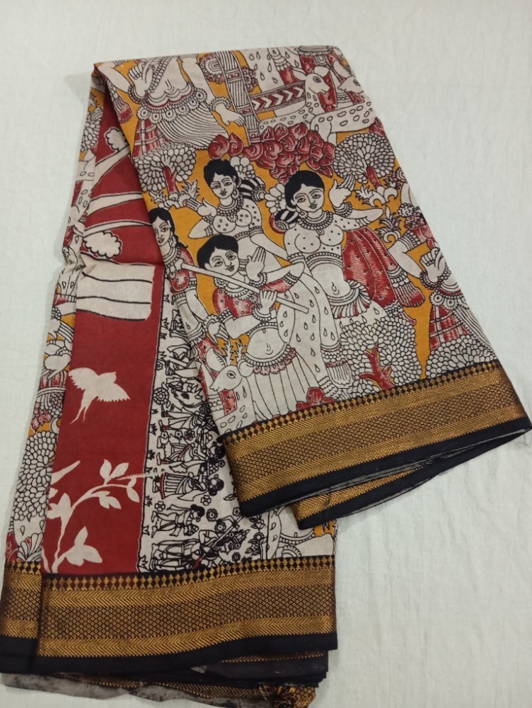 Product : KALAMKARI CHENNUR SILK NIZAM BORDER SAREES WITH BLOUSE -- KCSNBS0015