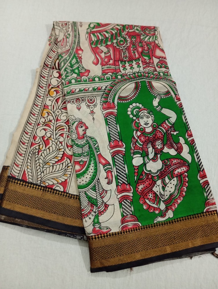 Product : KALAMKARI CHENNUR SILK NIZAM BORDER SAREES WITH BLOUSE -- KCSNBS0006