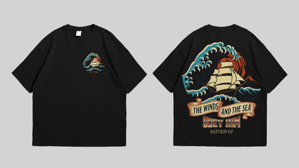 Product : Oversized Black T-Shirt unisex Winds & Sea Obey Him (Matthew 8 27)